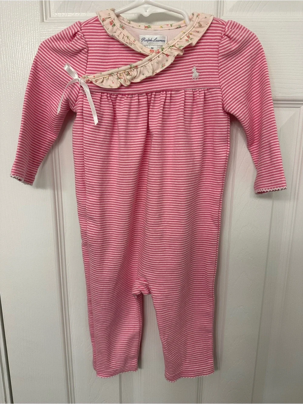 Ralph Lauren Pink and White Striped Ruffle-Collar One-Piece